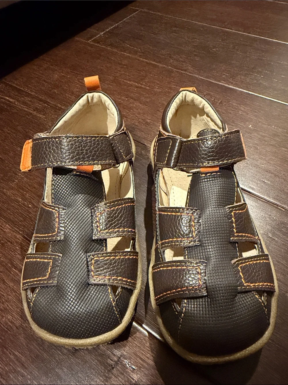 See Kai Run Brown Leather Closed-Toe Sandal with Orange Stitching